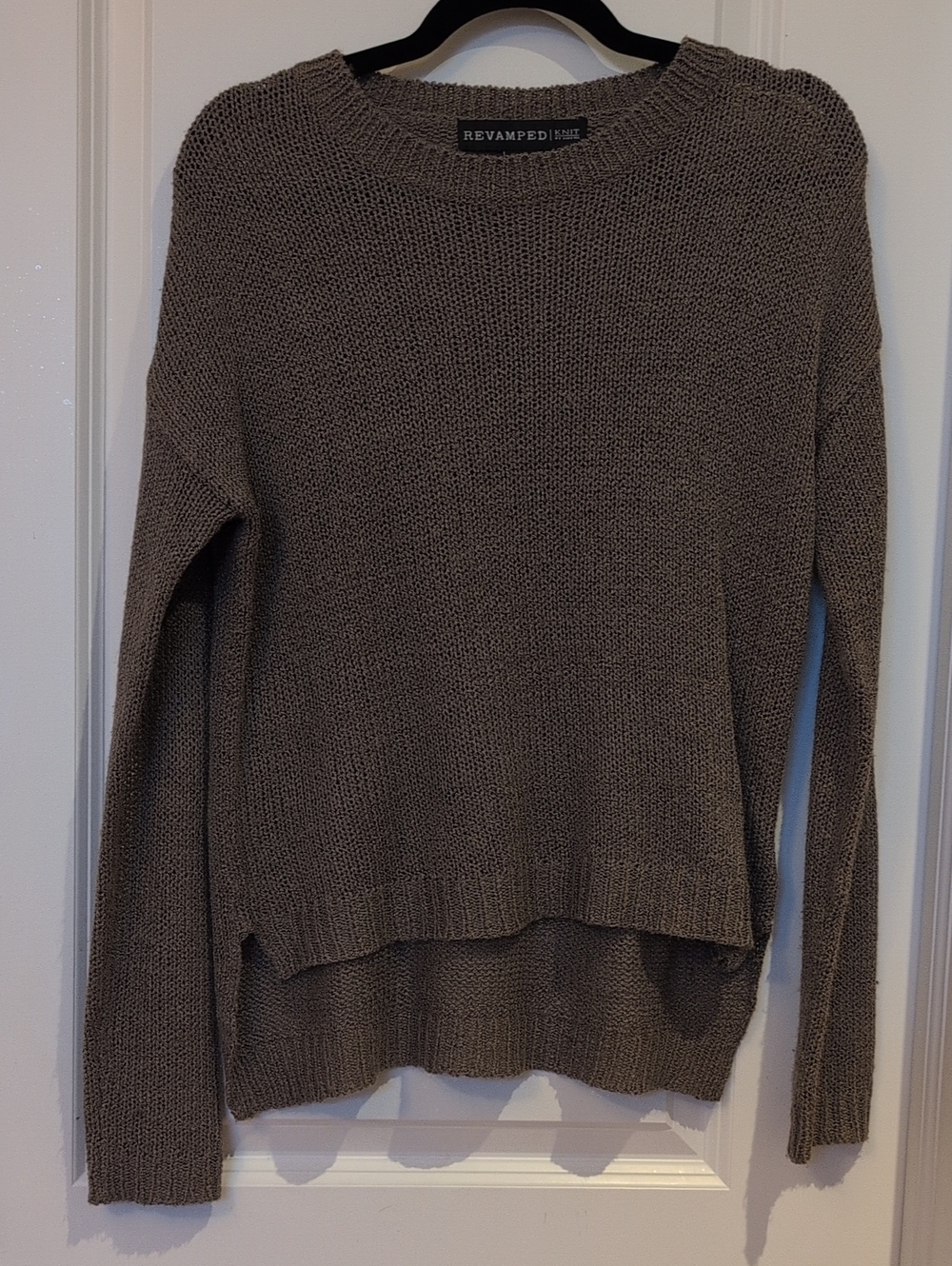 Revamped Women's Crewneck Knit Sweater in Taupe Brown - Size M